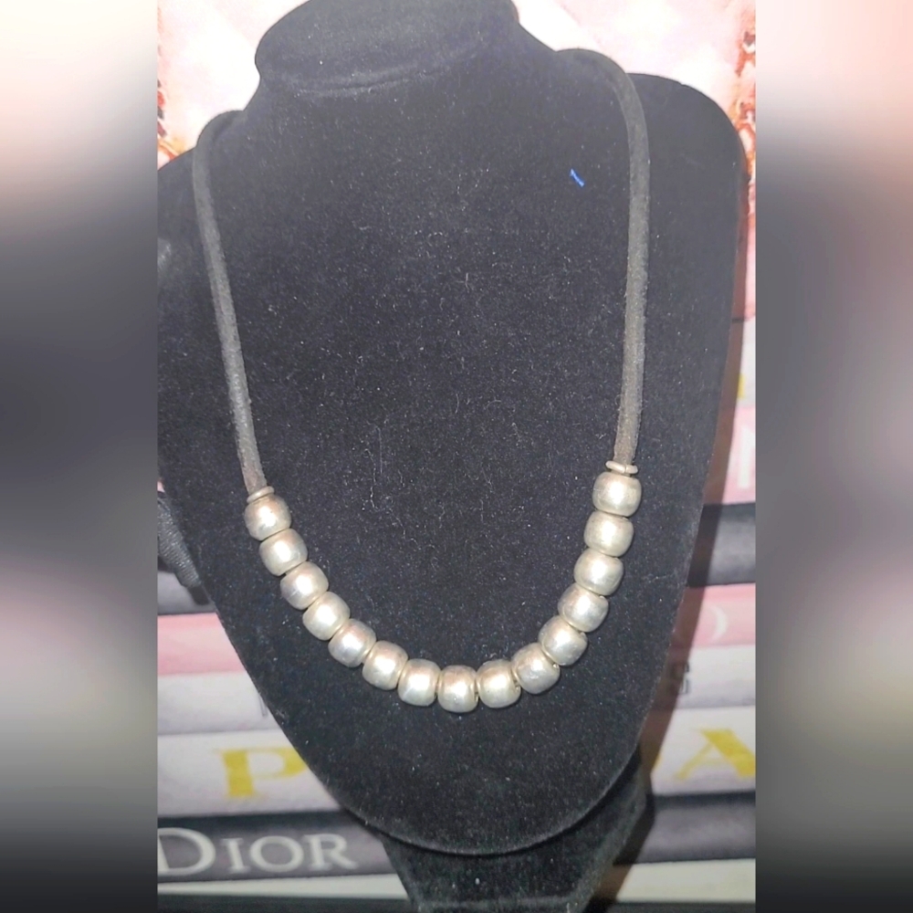 Rare VINTAGE 925MEXICO LEATHER & STERLING SILVER Beaded Necklace✨VERY OLD LOOK🔥
